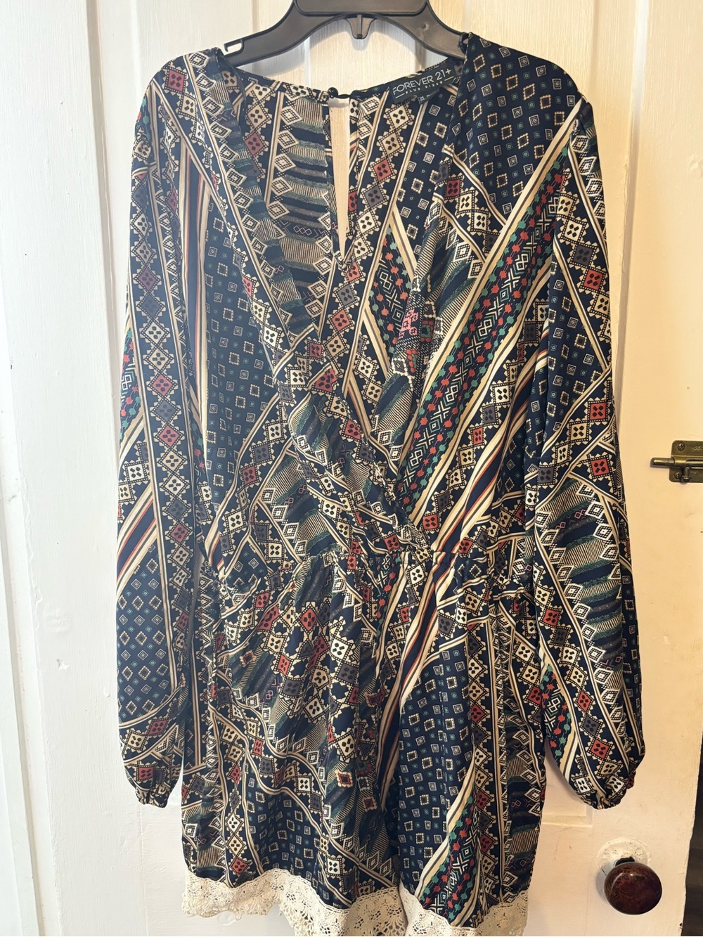 Forever 21 Black Multicolor Geometric Print Romper with Lace Trim